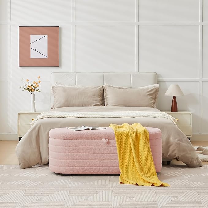 Storage Ottoman Bench End of Bed for Bedroom,45 inch Boucle Upholstered Entryway Shoe Seat Bench w/ Storage,Sherpa Modern Cute Padded Blanket Chest Stool Foot Rest for Living Room,Window Seating, Pink