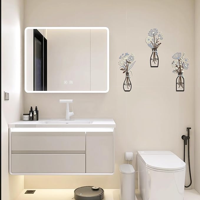 Iron Metal Vase Flower Wall Art Minimalist Black Floral Decor for Living Room Bedroom Kitchen, Office Garden - Modern Farmhouse Home Decor & Housewarming Gifts (Beige-Blue No Text)