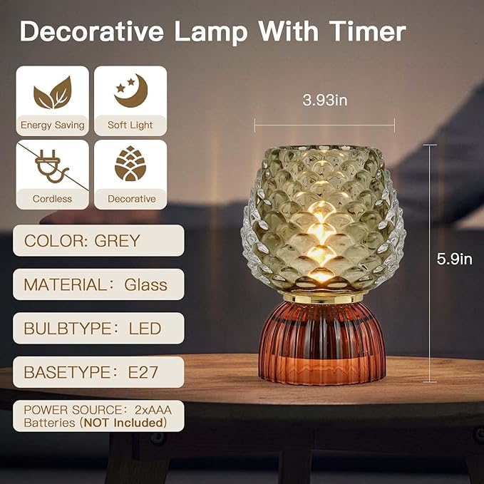 Battery Operated Lamp with Timer, Cute Small Cordless Glass Table Lamp for Home Decor, Kitchen, Bathroom, Birthday Gift for Women, Pinecone, Grey