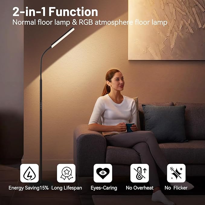 Dimunt LED Floor Lamp, 15W Super Bright RGB Corner Lamp, 3000K-6500K 4 Color Temps Dimmable Floor Lamp, Remote & Touch Control, 1 Hour Timer, Adjustable Gooseneck Standing Lamp for Living Room Home