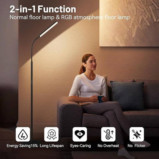 Dimunt LED Floor Lamp, 15W Super Bright RGB Corner Lamp, 3000K-6500K 4 Color Temps Dimmable Floor Lamp, Remote & Touch Control, 1 Hour Timer, Adjustable Gooseneck Standing Lamp for Living Room Home