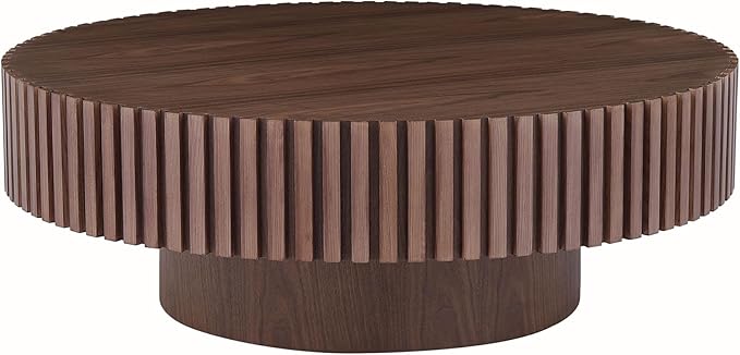 Round Coffee Table, Modern Wooden Coffee Table for Living Room, Farmhouse Circle Center Table, Drum Fluted Accent Tea End Table for Apartment Small Space (31" Walnut)