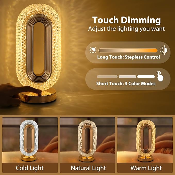 Lewondr Bedside Table Lamp for Bedroom, 3 Color Dimmable Night Light with USB Port, Rechargeable Touch Lamps, Crystal Modern Oval Light Nightstand Desk Lamp for Dorm Living Room Office