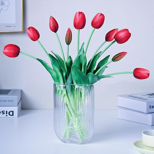 16-inch Premium Real Touch Fake Tulips Artificial Flowers with Buds, Flexible Stem Easy to Shape, Faux Tulips for Home Decor Indoor (Vase not Included), 10-Pack Set of Passion Red