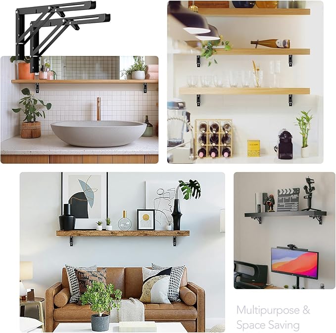 JOY DECOR 14 Inch Heavy Duty Folding Shelf Brackets, 2 Pack (1 Pair) Collapsible Wall Mounted Brackets for Fold Down Table, Stainless Steel Folding Table Hinge, Matte Black