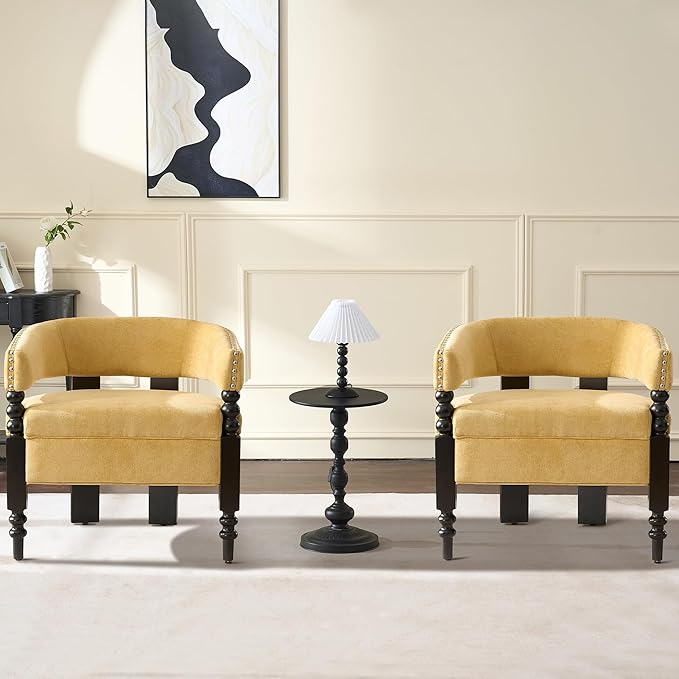 LOULENS Barrel Accent Chairs Set of 2, Vintage Chenille Upholstered Lounge Chair with Solid Wood Legs, Comfy Leisure Side Armchair for Living Room, Bedroom, Reading Nook, Corner, Yellow