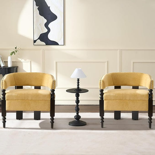 LOULENS Barrel Accent Chairs Set of 2, Vintage Chenille Upholstered Lounge Chair with Solid Wood Legs, Comfy Leisure Side Armchair for Living Room, Bedroom, Reading Nook, Corner, Yellow