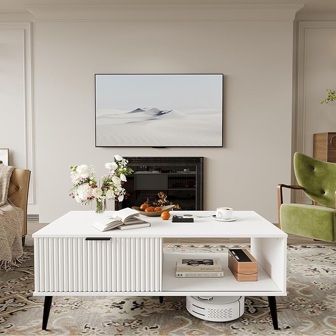 41.34''D Coffee Table, 2-Tiers Farmhouse Coffee Tables With Storage and Sliding Wave Pattern Door, Modren Tea Table, Wooden Dining Center Tables for Living Room, Office, Bedroom, Outdoors, White