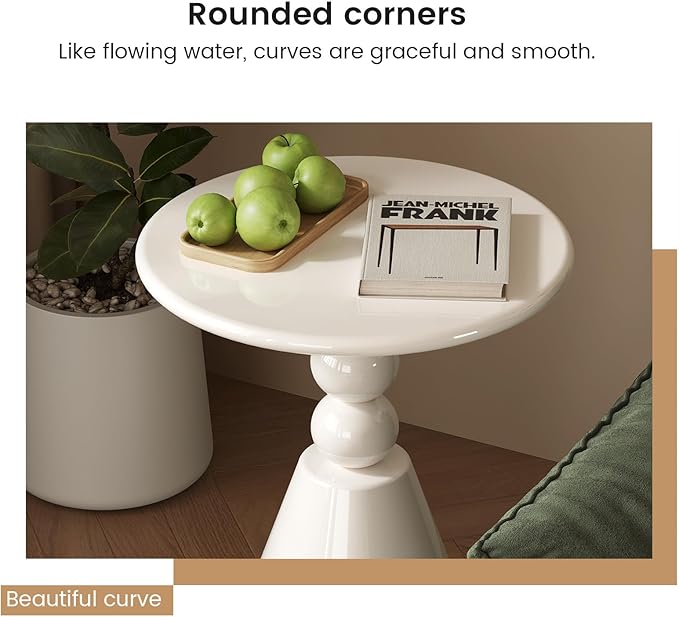 23" Round Side Table, Modern French Style End Table with Pedestal Base, Small Accent Table for Living Room, Bedroom, or Sofa Side, Cream White