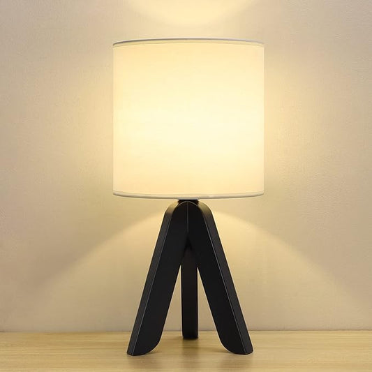HAITRAL Wooden Tripod Table Lamp with Black Base, Small Table Lamp Bedsides Lamp with Linen Fabric Shade, Nightstand Lamp Cute Night Lamp for Bedroom,Kids Room,Nursery,Dorm