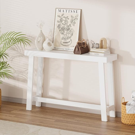 Bamboo 47.2" Narrow Console Table, Wood Farmhouse Side Table, Rectangular Entryway Table, Modern Sofa Table Behind Couch with Storage Shelves for Entrance, Living Room, Hallway, Foyer (White)