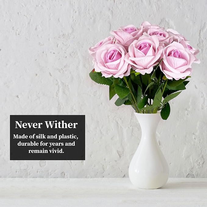 10 PCS Artificial Roses with Long Stems Silk Flowers Realistic Foam Flowers Fake Roses for Valentine's Day Home Wedding Halloween Decor(Light Pink)