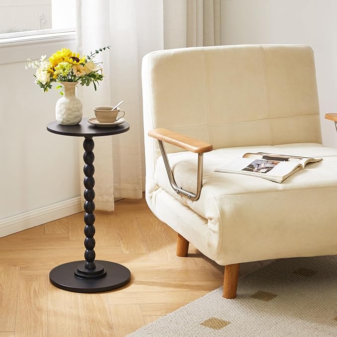 Round Side Table, Solid Wood Drink Table, Modern Minimalist Bedside Table, Living Room Sofa End Table, Bedroom Small Corner Table for Small Spaces Black YD-RST001B