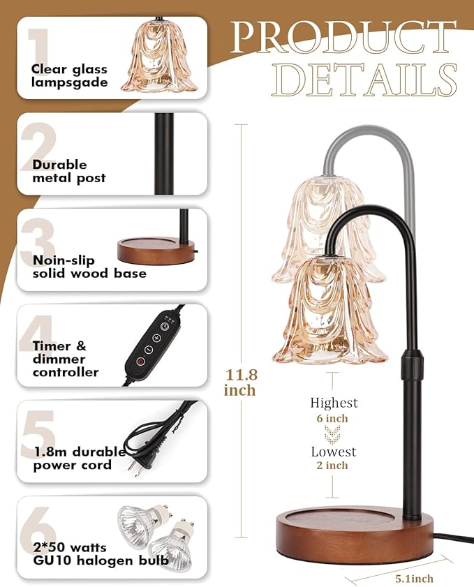 Small Candle Warmer Lamp with Timer, Adjustable Flower Lamp Warmer for Jar Candles, Unique Women Gifts for Birthday, Dimmable Candle Heater, Christmas Gifts, Cute Wax Warming Light with Wood Base