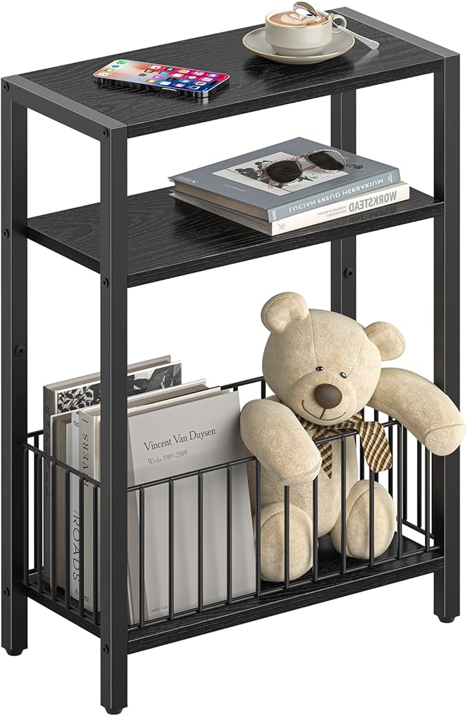 Yoobure Narrow Side Table with Storage Basket, Small End Table for Small Spaces, Skinny Side Tables Living Room Bedroom Office, Slim Nightstand 3 Tier Bedside Table Space-Saving for Magazine, Black