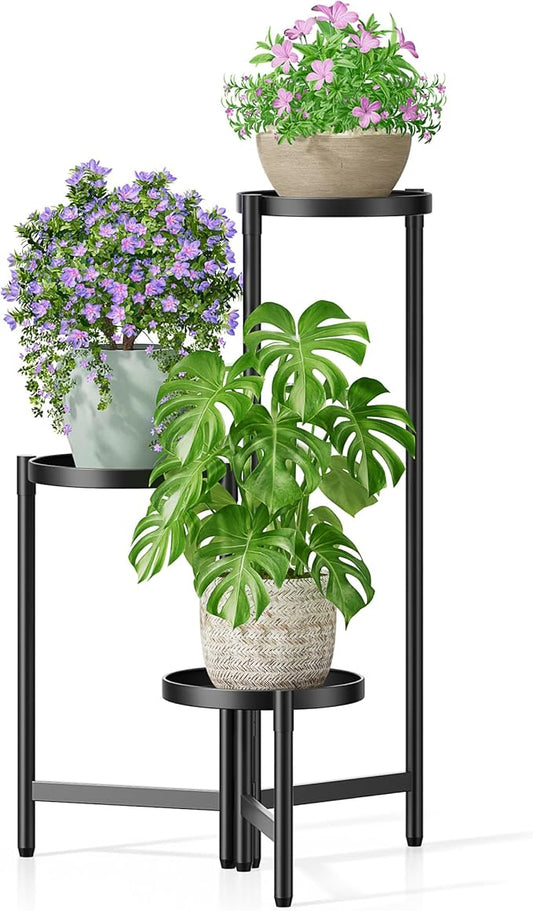 3 Tier Large Plant Stand Indoor with 10 Inch Wide Tray, Tiered Corner Metal Outdoor Flower Holder Stand, Folding Tall Rack for Display Shelf for Patio Porch Balcony - BlackDisk