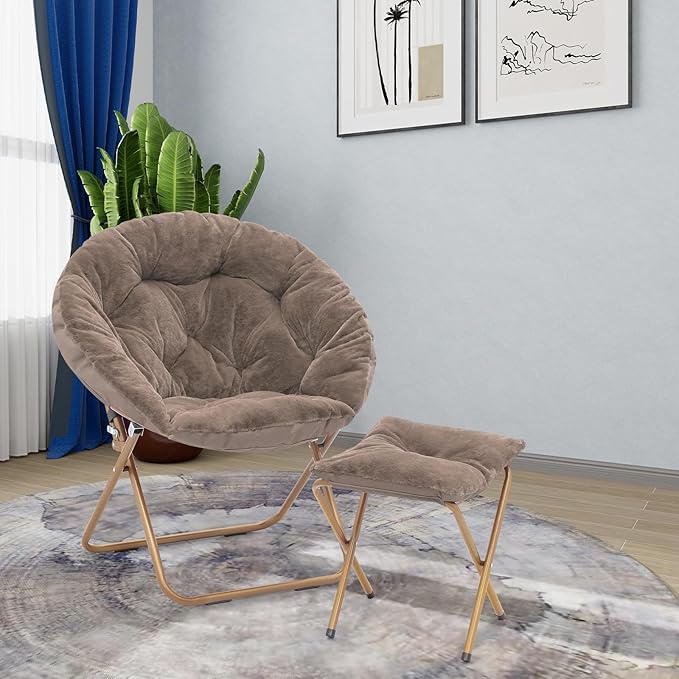 Athena Collection Saucer Chair with Ottoman Comfy Chair for Bed Room Living Room Folding Round Cozy Chair Faux Fur Metal Frame Foldable Lazy Chair Accent Chair Reading Chair, Brown