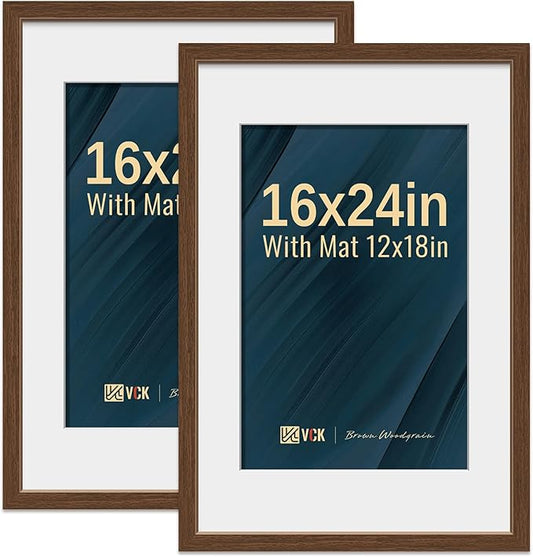 VCK 16x24 Poster Frame 2 Pack - Brown, High-End Wood Picture Frames with Polished Plexiglass, Display 12x18 Photo with Mat or 16x24 without Mat, Art Gallery-Quality, Wall Hanging, Brown