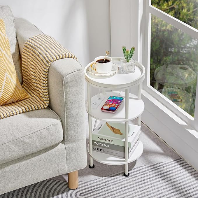 Small Round End Table with Charging Station, 3-Tier Accent Couch Beside Table with USB Ports & Power Outlets, Sofa Side Table for Living Room Small Nightstand Bedroom (USB Charger, White)