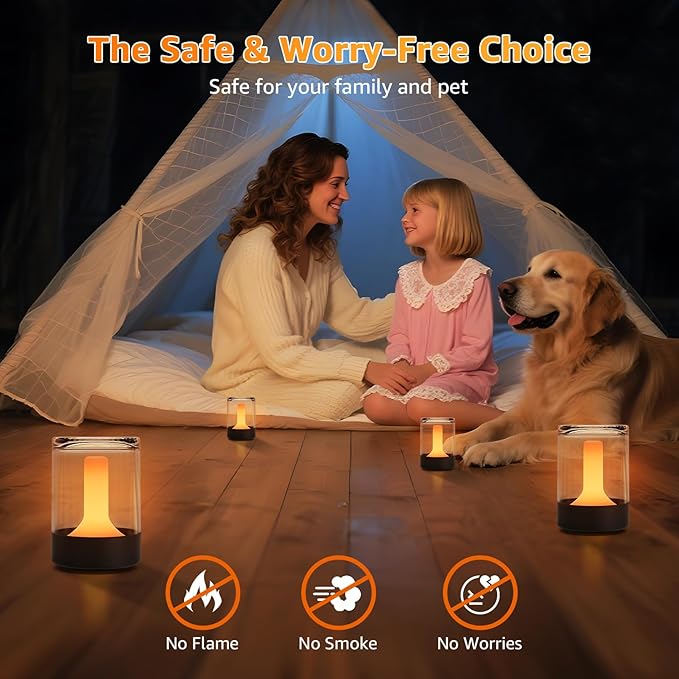 uuffoo Mini Rechargeable Night Lights 4-Pack, Transparent Table Lamps for Bedroom, Living Room, Office & Camping, Portable Ambiance Lighting with Charging Base, Flickering & Steady Candle Modes