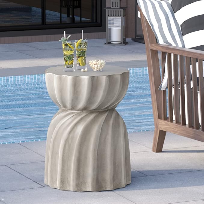 HOMPUS Unique Outdoor Concrete Side Table, Garden Stool, Round Patio MgO End Table, Lightweight Small Accent Table for Indoor Outdoor Use, Patio, Garden, Backyard, Natural Grey