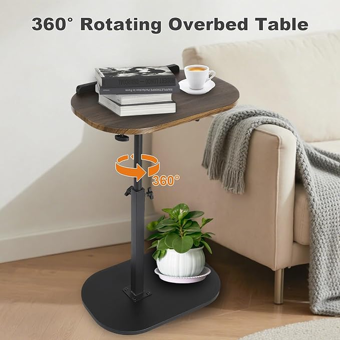 Side Table TV Tray for Couch,90° Tiltable TV Tray Table Height Adjustable 360° Swivel C Shaped End Table for Small Spaces,Bedside Bathroom Living Room(Walnut Color) (Tiltable Walnut)