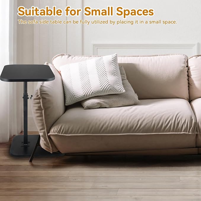 C Shaped End Table for Couch Sofa, 360° Swivel Height Adjustable TV Tray for Small Spaces,Livingroom Bedroom College Dorm Hospital (Black)