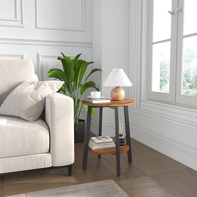 Side Table, Small Round End Table with Storage Shelf for Small Space, 2-Tier Bedside Table Sofa Couch Table, Round Accent Table Nighstands for Living Room, Bedroom, Rustic Brown