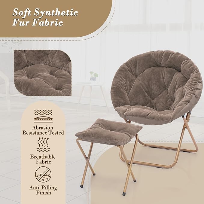 Athena Collection Saucer Chair with Ottoman Comfy Chair for Bed Room Living Room Folding Round Cozy Chair Faux Fur Metal Frame Foldable Lazy Chair Accent Chair Reading Chair, Brown