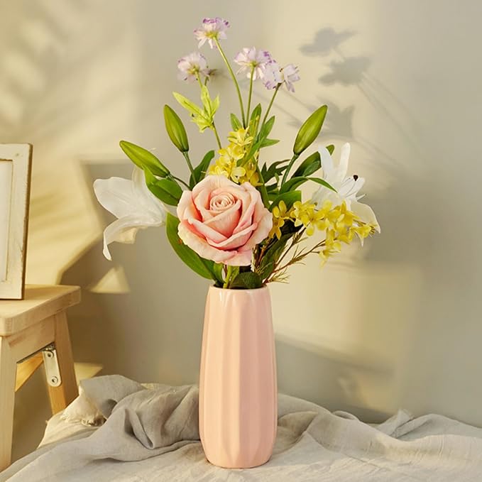 Pink Ceramic Vase 9.1 Inch - Glossy Minimalist Nordic Flower Vase for Home Decor, Perfect for Dried/Fresh Flowers, Wedding Centerpiece, Housewarming Gift for Christmas, Mother’s Day, Valentine’s Day