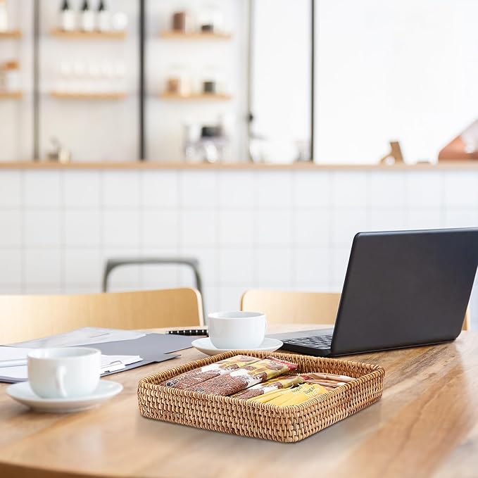 BTSKY Small Remote Basket for Coffee Table Entryway Living Room Rattan Serving Tray 8.1” x 8.1” Handwoven Wicker Baskets Decorative Tray for Wallet Remote Control Trinkets Rings Cosmetics Crackers