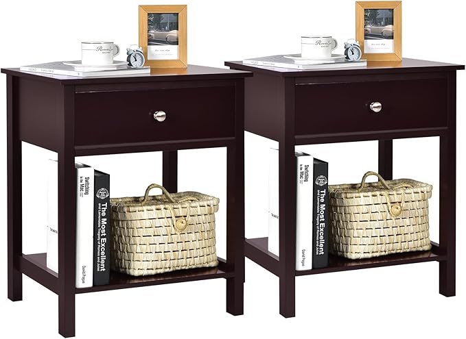 Giantex Nightstand Set of 2, Wood End Table with Drawer and Open Shelf, Night Stand for Small Spaces, 2-Tier Bedside Table for Living Room Bedroom Dorm, Easy Assembly, Brown