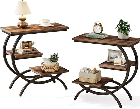 Tribesigns C-Shaped End Table Set of 2, Industrial 3-Tier Small Side Table for Couch, Wood Bedside Table Snack Side Table with Storage Shelves for Living Room Small Space, Rustic Brown