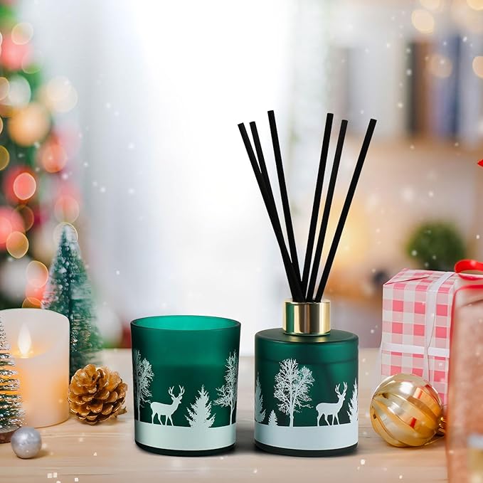 Brakula Christmas Reed Diffuser and Candles Set, 2 Pack/Total 8 oz, Fireside Juniper & Balsam Scented, 6 Diffuser Sticks with Christmas Bottle Design, Home Decor Bedroom Living Room Office