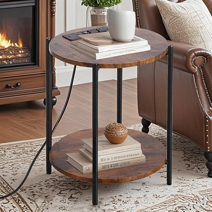 2 Tier Round Side Table, Folding End Tables Coffee Table Simplistic Sofa Table Waterproof Removable Tray Table Indoor Outdoor Accent Table for Living Room Bedroom (Brown, 2pcs)