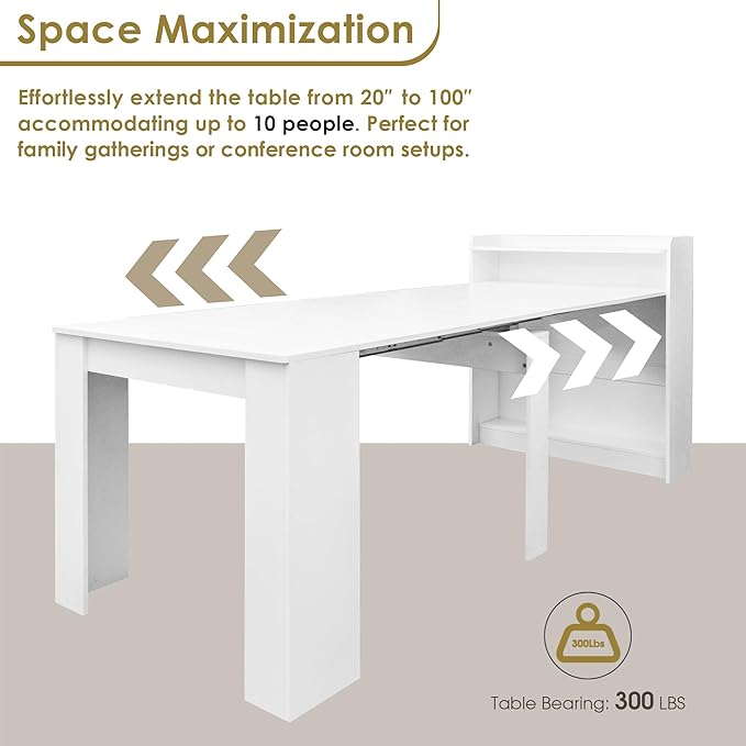 DMAITH 20"-99" White Extendable Dining Table with Storage for 2-10 People, Modern Modular Extension Table, Space-Saving Extra Long Folding Dining Table, Multifunctional Conference Meeting Table