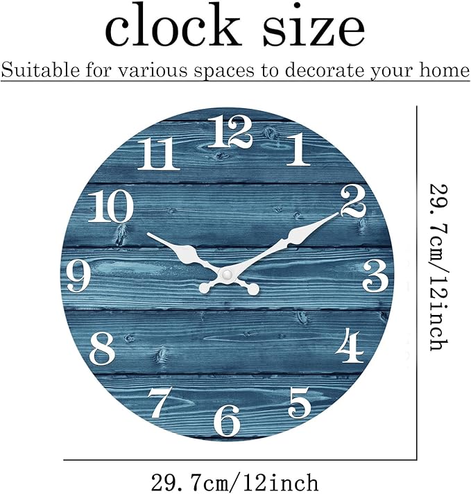 XFM 12 Inch Blue Wall Clocks for Kitchen Living Room Decor Silent Wooden Wall Clock Battery Operated Decorative Farmhouse Clock