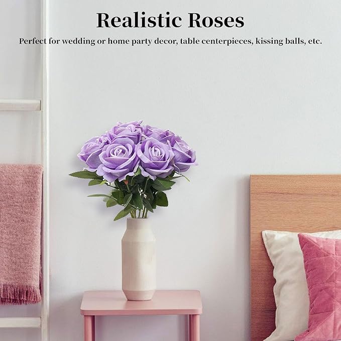 10 PCS Artificial Roses with Long Stems Silk Flowers Realistic Foam Flowers Fake Roses for Valentine's Day Home Wedding Halloween Decor(Light Purple)