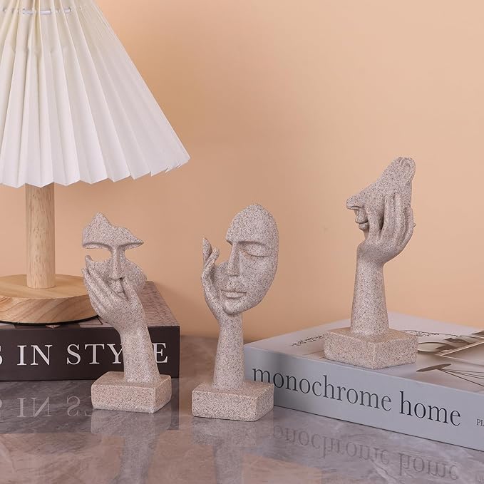 3 Pcs Thinker Small Statue Set - Art Resin Abstract Home Accent Figurines for Decor Woman Apartment Bookshelf Floating Shelf Coffee Table Office Desk Counter Decor (3 Pcs Sandstone, 6")