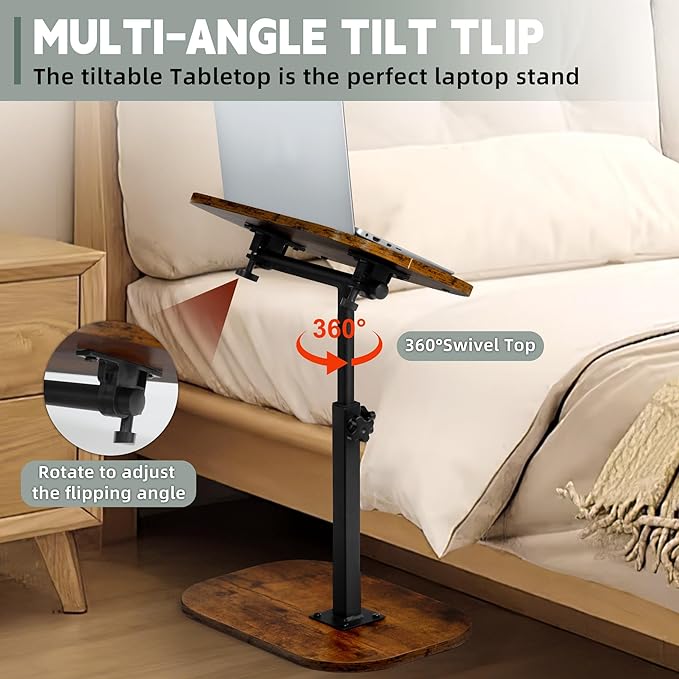 Aoligrace Adjustable Height C Shaped End Table, 360°Swivel Small Side Table for Small Spaces Living Room, Flip Top TV Tray for Couch Sofa Chair