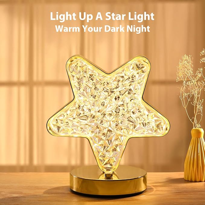 Lewondr Star Table Lamp, Stepless Dimmable Touch Lamp with 3 Colors, Rechargeable Night Light with USB Port, Crystal Star Light Bedside Lamp for Nightstand Desk Bedroom Living Room Home Decor