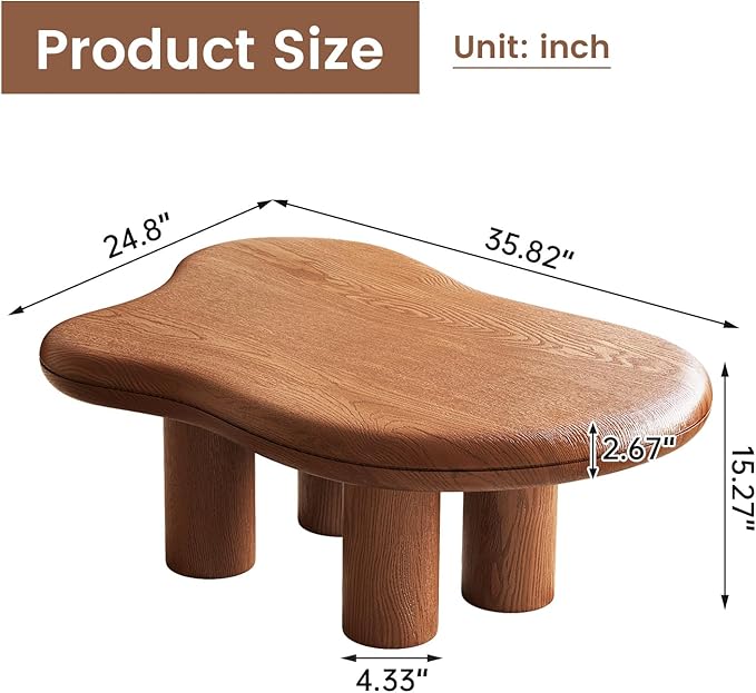 Guyii 35.82" Mid Century Coffee Table Brown Irregular Sofa Side Table with 4 Legs Cloud Coffee Table Modern End Table for Living Room Office Apartment