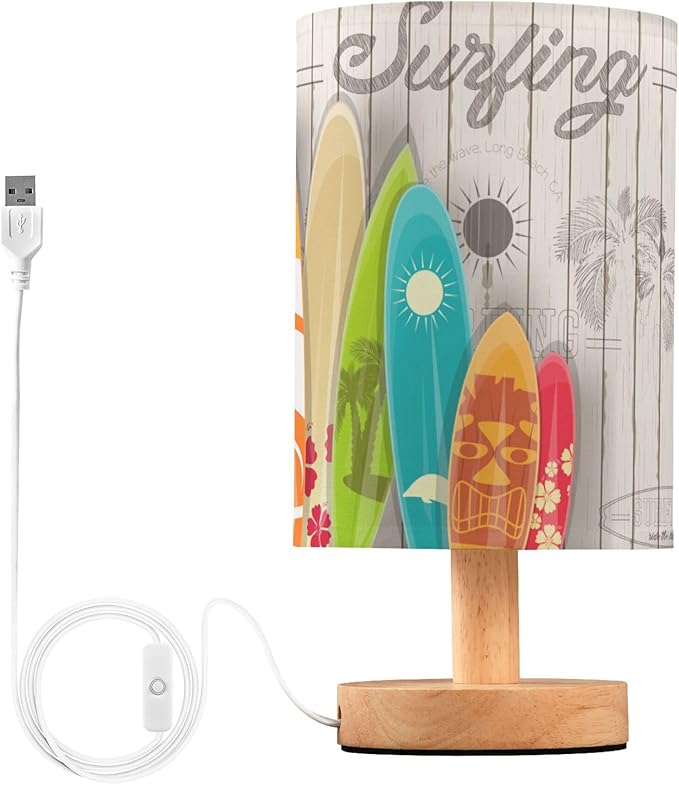 Table Lamp Colorful Surfboard Palm Tree Vintage White Wooden Summer Surfing Nightstand Lamp with Wood Base Fabric Lamp Shade Bedside Desk Lamp for Living Room Bedroom Kids Room Office