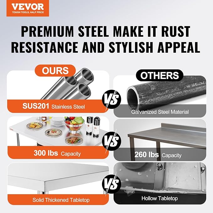 VEVOR 48 x 30 Inch Folding Commercial Prep Table Commercial Worktable Workstation, Heavy-Duty Stainless Steel Folding Table with 220 lbs Load, Silver Stainless Steel Kitchen Island，Kitchen Work Table