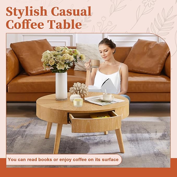 2 Piece Modern Farmhouse Coffee Table Set with Drawer, Boho Round Natural Real Wood Coffee Table for Living Room, Nesting Coffee Side Table Set with Radial Design, Light Brown
