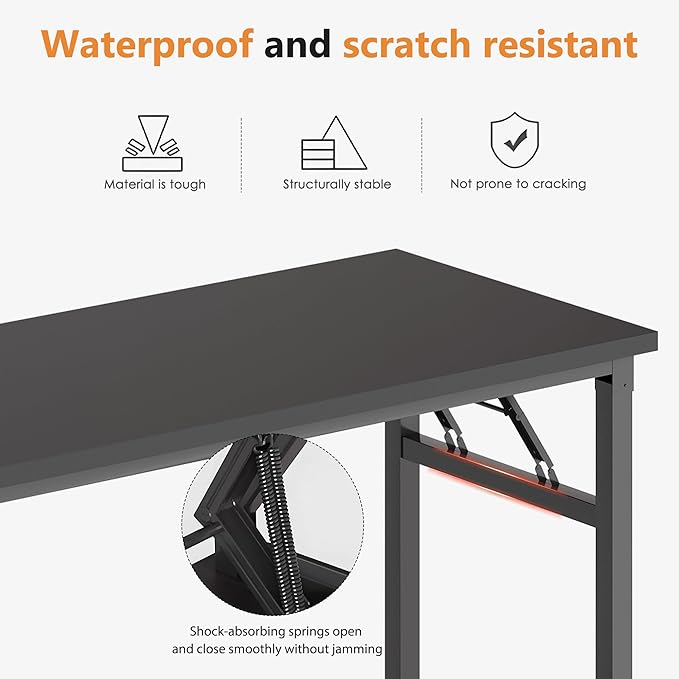 SDHYL 62 inches No Assembly Foldable Computer Desk for Home Office Workstation, Study and Writing, Functional Home Office Folding Desks for Small Spaces, Black