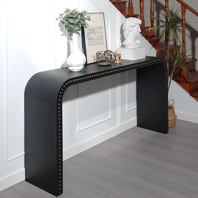 59" Wood Black Console Table with Wood Beads, for Entryway, Hallway, Living Room, Foyer, Corridor, Office, Modern Curved Waterfall-Style