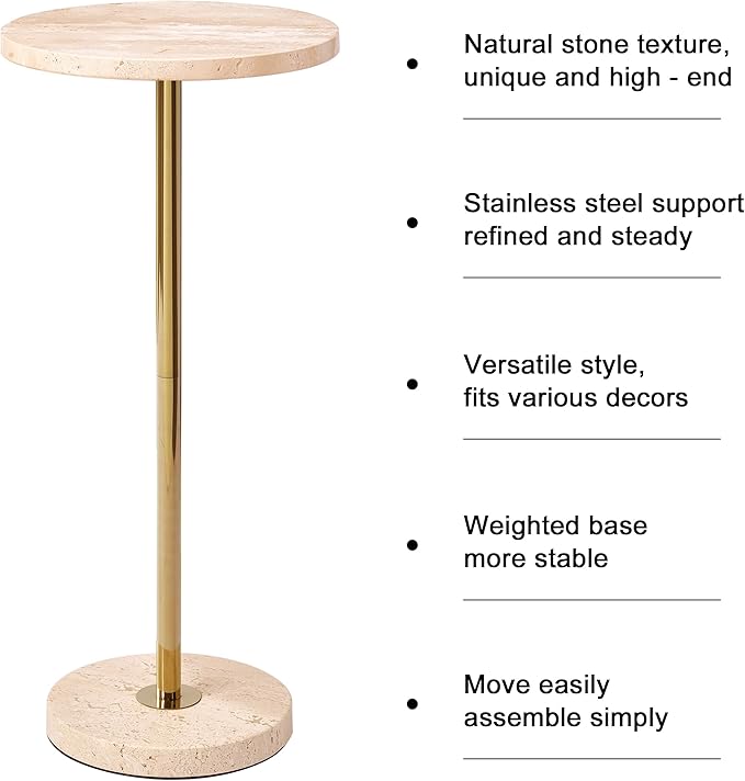 Premium Small Round Natural Marble Pedestal Side Table, End Table, Mini Drink Table with Upgraded Weighted Marble Base, for Livingroom, Bedroom, Bathroom, Balcony, Small Spaces (Beige Travertine)
