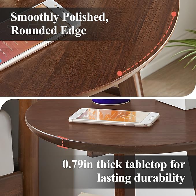 Side Table, 2-Tier Round End Tables Living Room, Mid Century Modern Side Table, Round Nightstand, Oak Accent Table, Small Round Coffee Table, 16.54" Dia.x 23.62" H(Walnut)