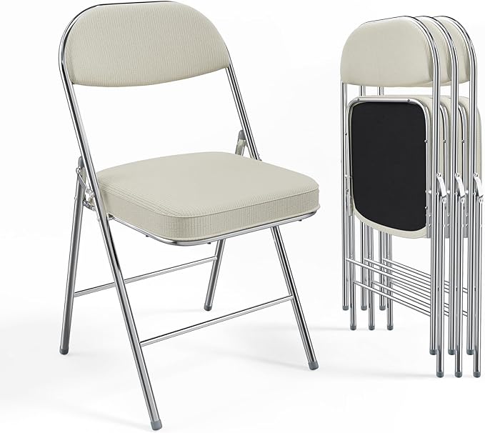 VINGLI 4 Pack Folding Chairs with Padded Seat & Backrest, Metal Frame, Durable Corduroy Fabric, 350 lbs Capacity, Set of 4, Off-White – Ideal for Weddings, Parties, Office Events